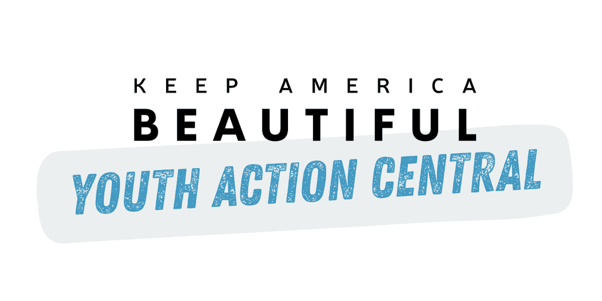 Flat text graphic: KEEP AMERICA BEAUTIFUL in black capitals above a pale grey angled banner carrying the words YOUTH ACTION CENTRAL in a rough-textured blue condensed typeface.