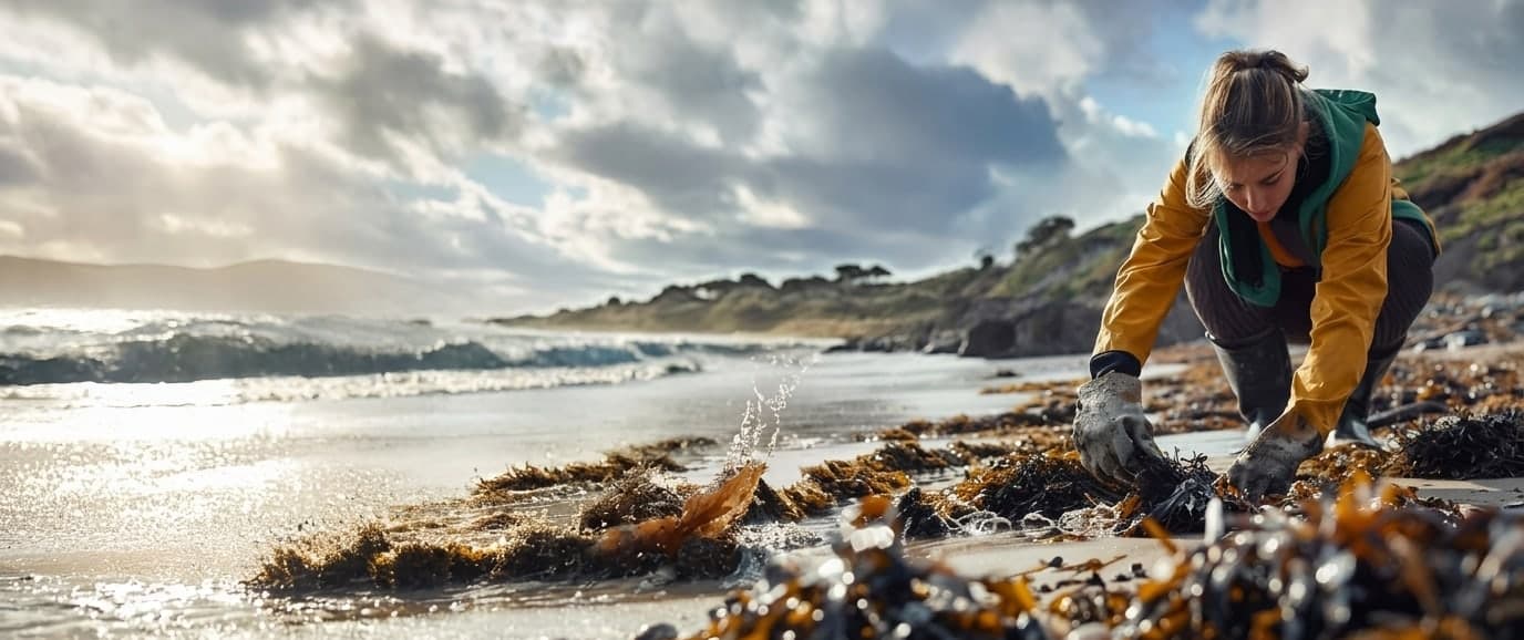 A volunteer in a mustard-yellow jacket kneels on a rocky shoreline at golden hour to gather kelp and litter from the tide line, breaking waves and a bright cloud-lit sky filling the open water to her left.