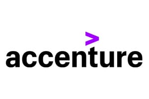 Corporate logo on white: the word accenture in lowercase black type with a bright purple greater-than arrow angled above the letter t.