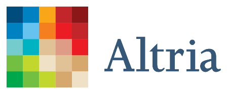Logo on white: a square grid of multicoloured tiles in blues, reds, greens and creams beside the word Altria in a dark blue serif typeface.