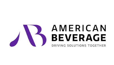 Wide logo on white: a large purple AB monogram at the left with AMERICAN BEVERAGE set in two lines of black capitals beside it, underlined by the grey words DRIVING SOLUTIONS TOGETHER.