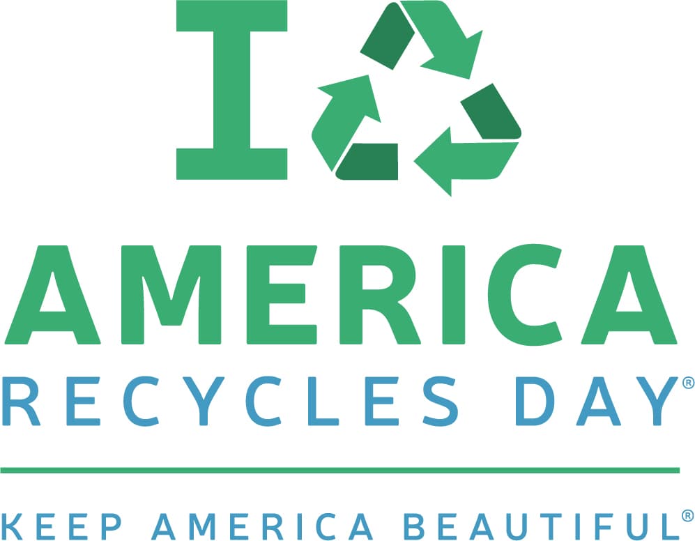 Large stacked logo on white reading I, a green recycling-arrows triangle, then AMERICA RECYCLES DAY, the first word in bold green and the second line in blue spaced capitals, with KEEP AMERICA BEAUTIFUL beneath a green rule at the foot.