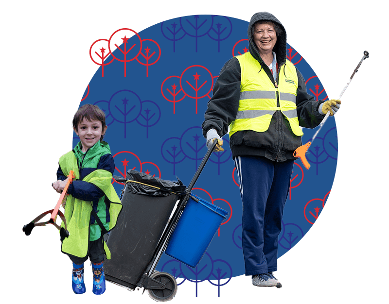 Cut-out graphic with no badge: a small boy in a hi-vis tabard and character wellies holding a grabber stands beside a woman in a hooded coat and yellow hi-vis vest wheeling a trolley carrying a black sack and a blue bin, over a navy circle filled with red and blue line-drawn trees.