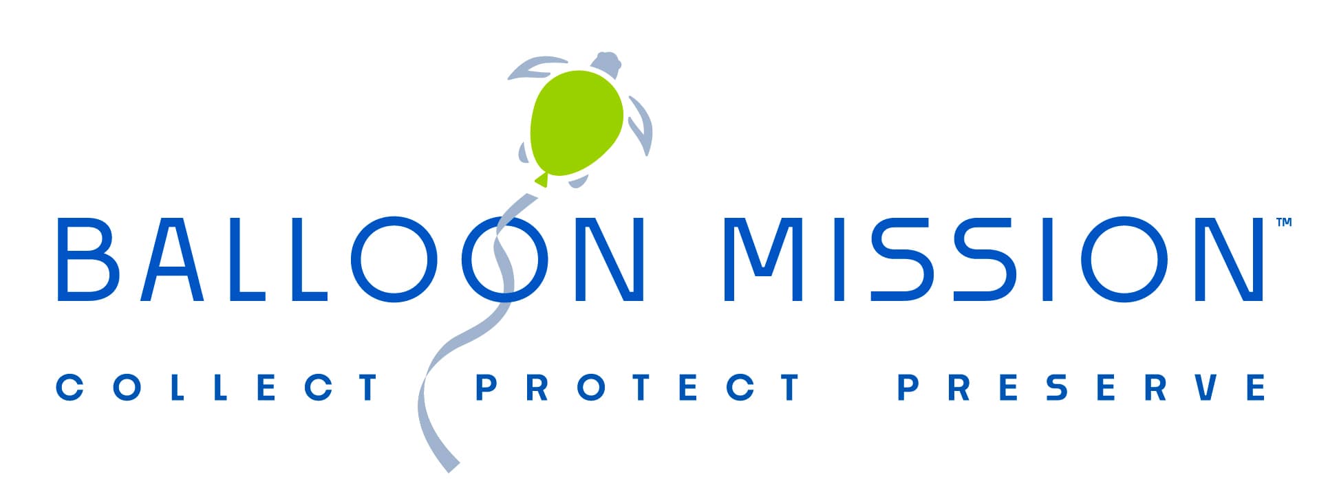 Logo on white: a lime green balloon overlapping a grey sea turtle, its long grey ribbon trailing down through the words BALLOON MISSION in blue capitals, with the tagline COLLECT PROTECT PRESERVE below.