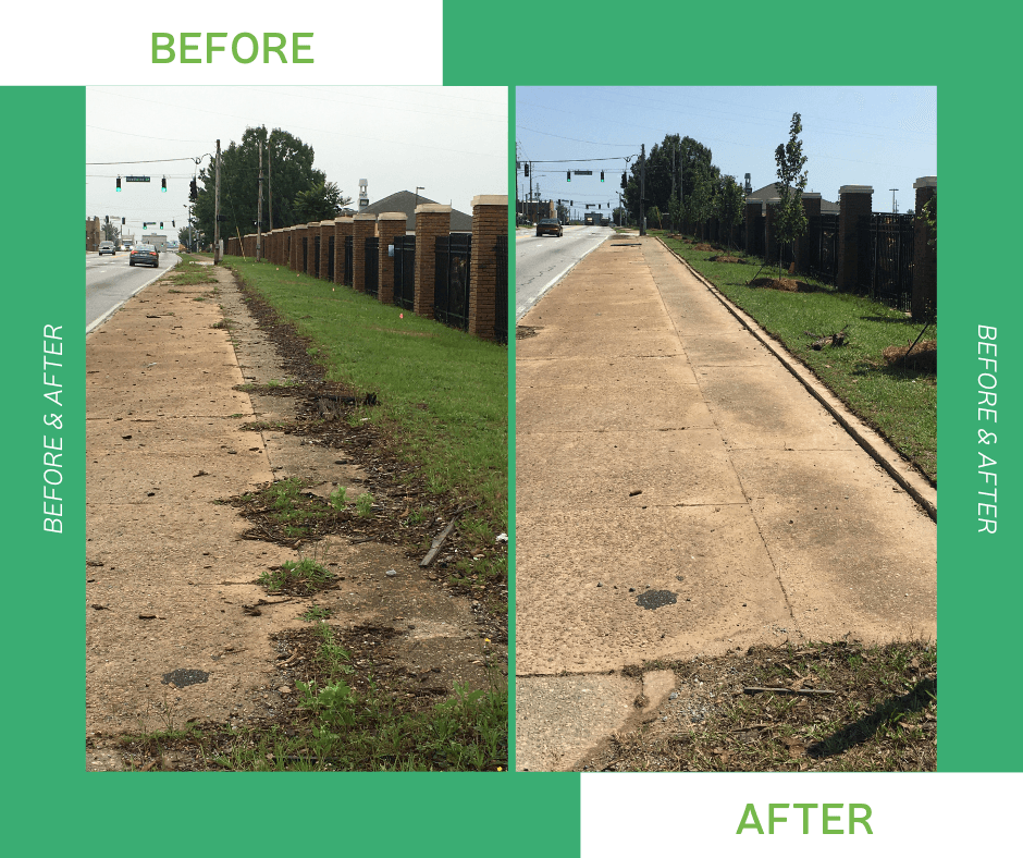 Before-and-after pair on a green panel: a weed-cracked sidewalk beside a brick fence, then the same walk cleared with young trees along the verge