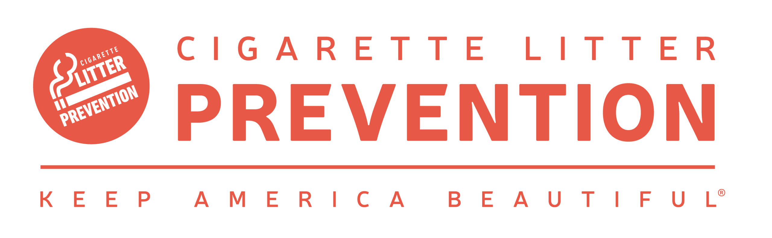 Flat coral-red logo lockup: a circular badge showing a lit cigarette with rising smoke and the words CIGARETTE LITTER PREVENTION, set beside the same wording in large type above a rule and the line KEEP AMERICA BEAUTIFUL.