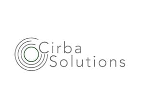 Flat logo on white with a compact spiral of thin grey circles around a green centre, followed by Cirba Solutions set in grey on two tightly stacked lines.