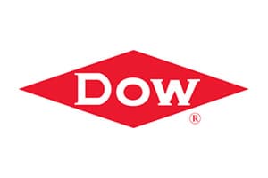 Flat brand mark showing the name Dow reversed out in white inside a wide, flattened red diamond, with a tiny circled R beneath its right side.