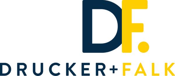Two-colour logo with a large navy D locked against a yellow F and full stop, above the words DRUCKER in navy and FALK in yellow joined by a plus sign.