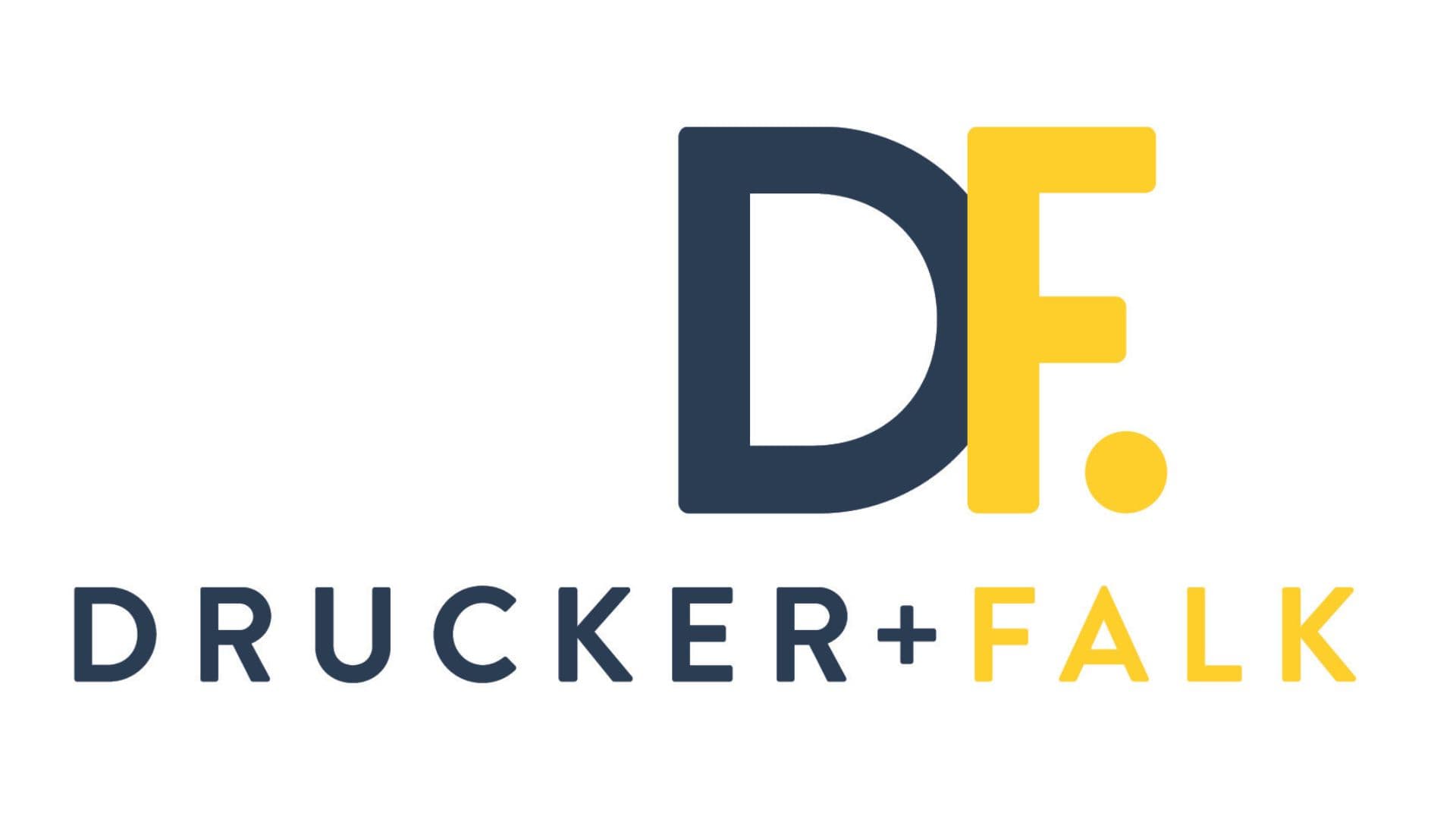 Wide white logo panel: an oversized monogram pairing a dark navy D with a golden-yellow F and dot, with DRUCKER+FALK spelled out in spaced capitals underneath, the first word navy and the second yellow.