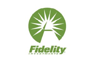 Flat logo on white: a green circle containing a white starburst behind a triangular peak, above the word Fidelity in green italic type with INVESTMENTS beneath.