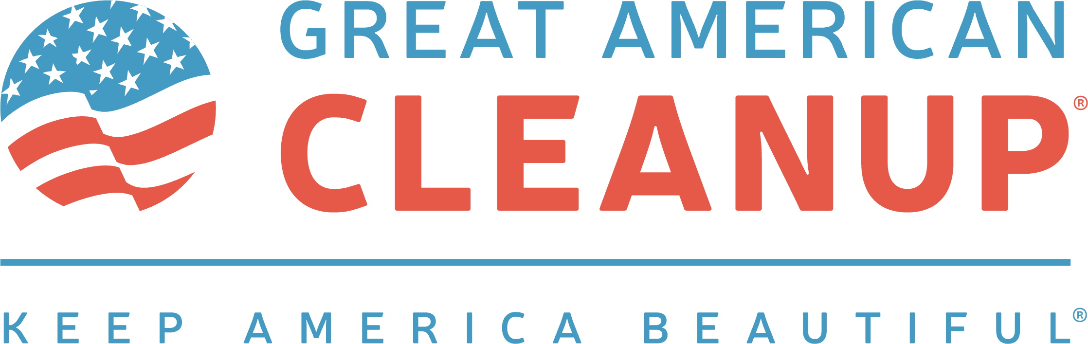 Horizontal logo lockup: a circular mark made of blue stars and red waving stripes beside GREAT AMERICAN in blue over CLEANUP in large red capitals, with KEEP AMERICA BEAUTIFUL below a thin rule.