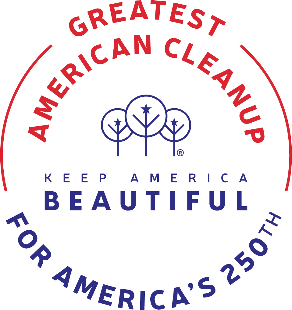 Circular logo badge: GREATEST AMERICAN CLEANUP curved in red across the top and FOR AMERICA'S 250TH in navy around the bottom, with the Keep America Beautiful three-tree emblem and wordmark in navy at the centre.
