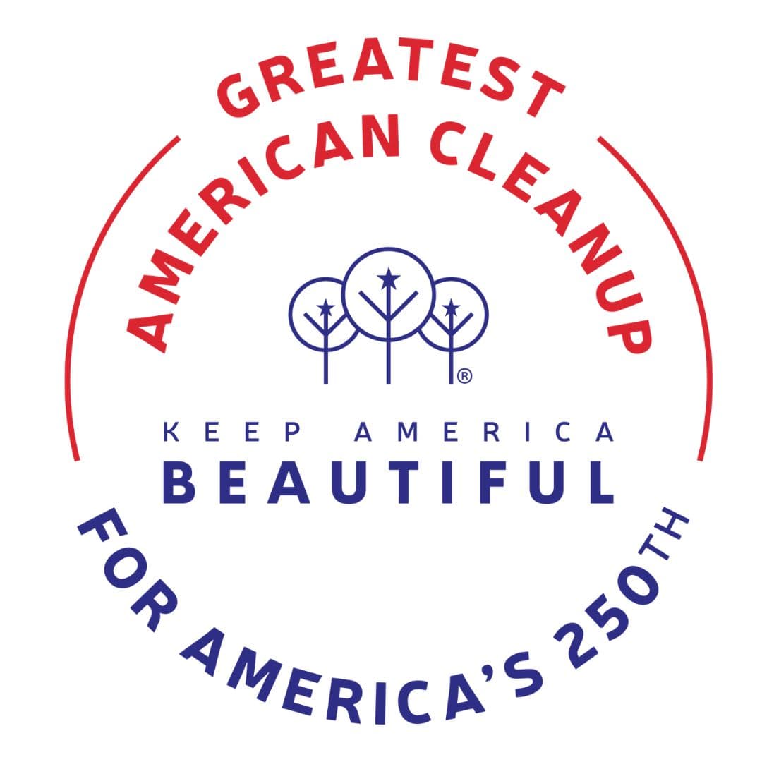 Square white tile carrying a round seal: the red words GREATEST AMERICAN CLEANUP arcing over a navy line-drawn cluster of three trees, KEEP AMERICA BEAUTIFUL beneath, and FOR AMERICA'S 250TH curving along the lower rim.