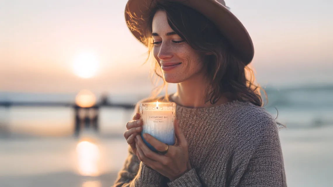 A woman in a wide-brimmed hat and chunky grey knit sweater stands on a beach at sunset, eyes closed and smiling, cradling a lit candle in a blue-and-white glass jar labelled CHESAPEAKE BAY. A pier and calm sea are blurred behind her.