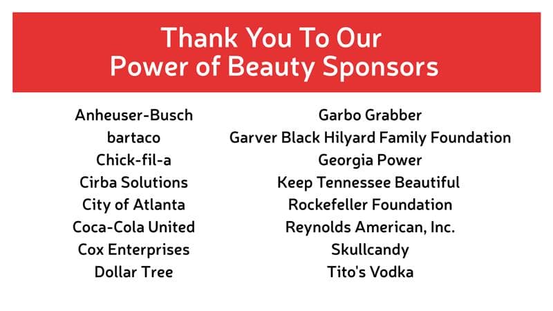 Sponsor list headed Thank You To Our Power of Beauty Sponsors, naming Anheuser-Busch, Chick-fil-a, Dollar Tree, Georgia Power, Skullcandy and others