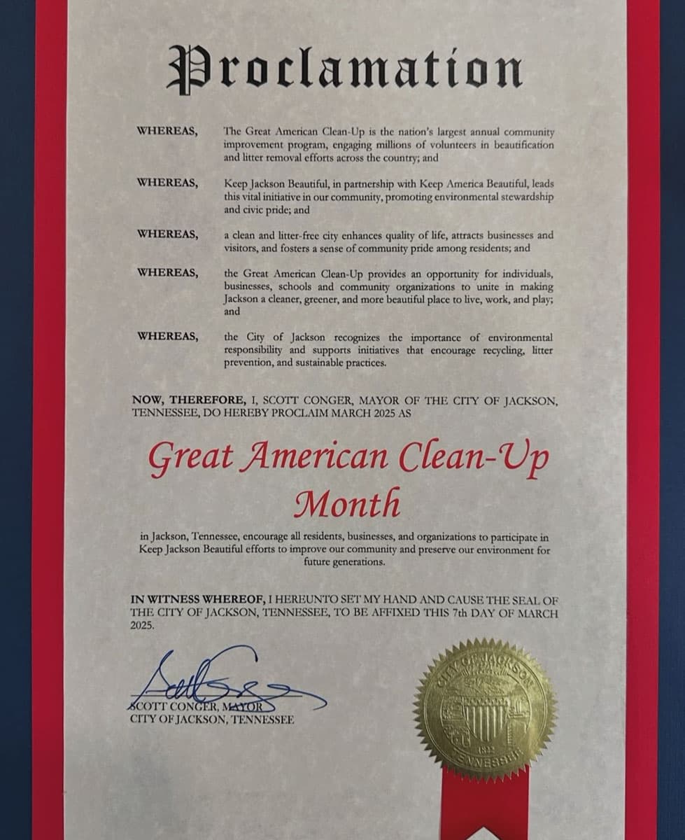 Close-up of a red-matted Proclamation with gold seal declaring March 2025 Great American Clean-Up Month, signed by the Mayor of Jackson, Tennessee