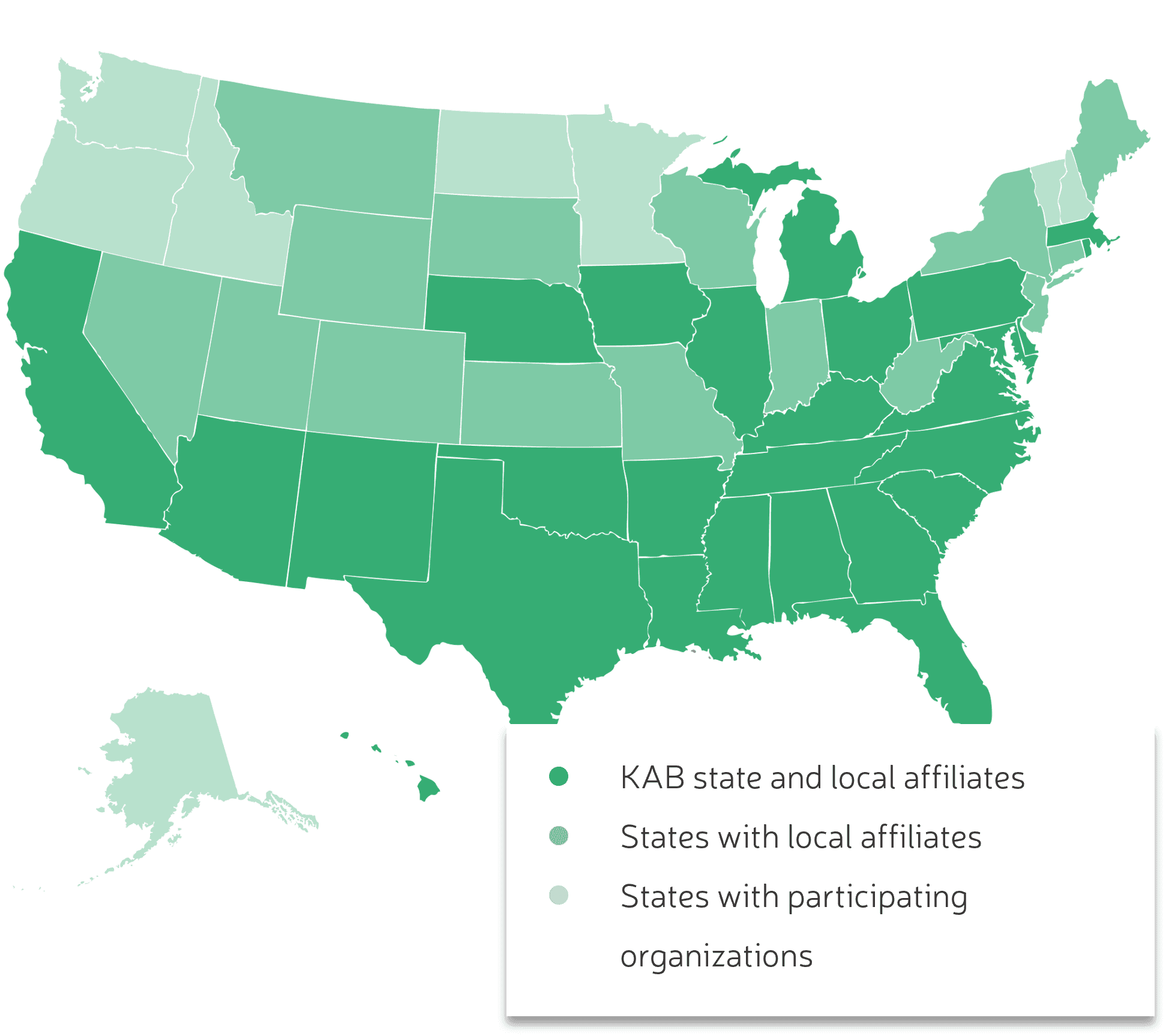 Map of the United States shaded in three greens, keyed to KAB state and local affiliates, states with local affiliates, and states with participating organizations