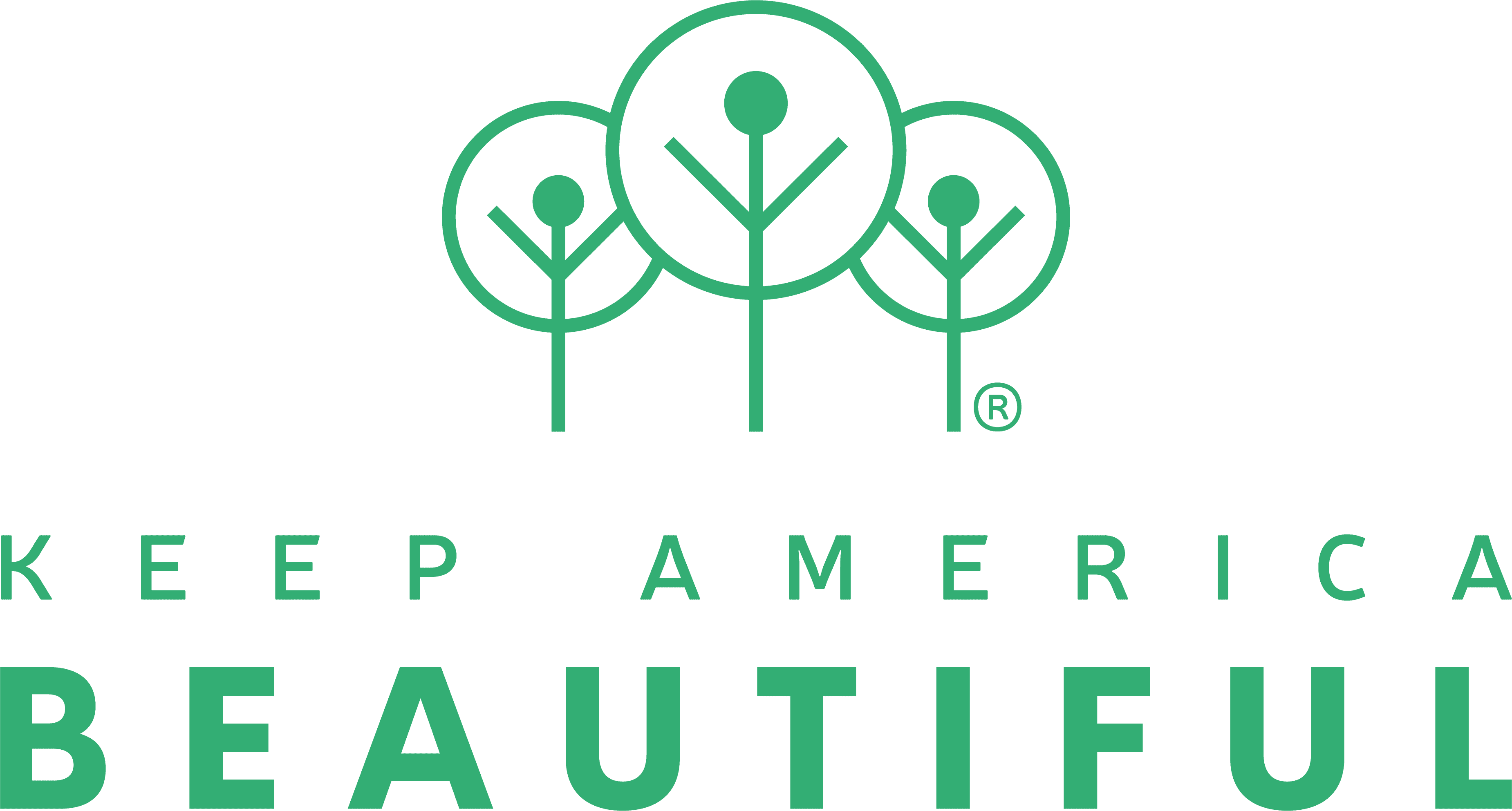 Stacked green Keep America Beautiful logo: three outlined trees above the words KEEP AMERICA in light caps and BEAUTIFUL in heavy caps