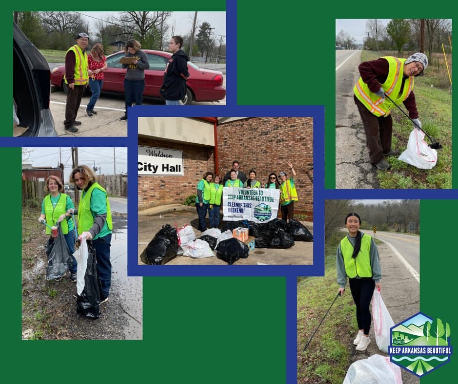Thumbnail collage of five cleanup photos framed in blue and green, bagged litter piled outside a brick city hall