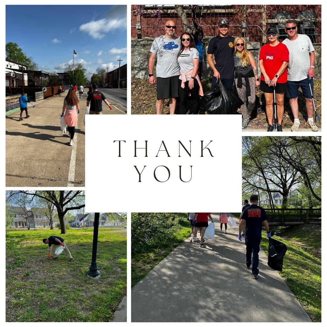 Small square THANK YOU collage of neighbourhood cleanup scenes, people walking a sidewalk with litter bags and a group posing against a brick building