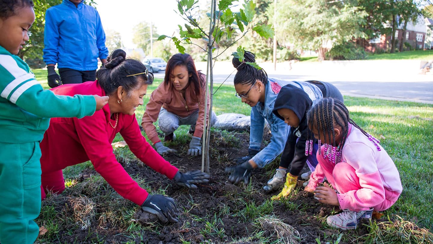 Wide view of two women and four children kneeling to pack soil around a newly planted sapling on a residential verge