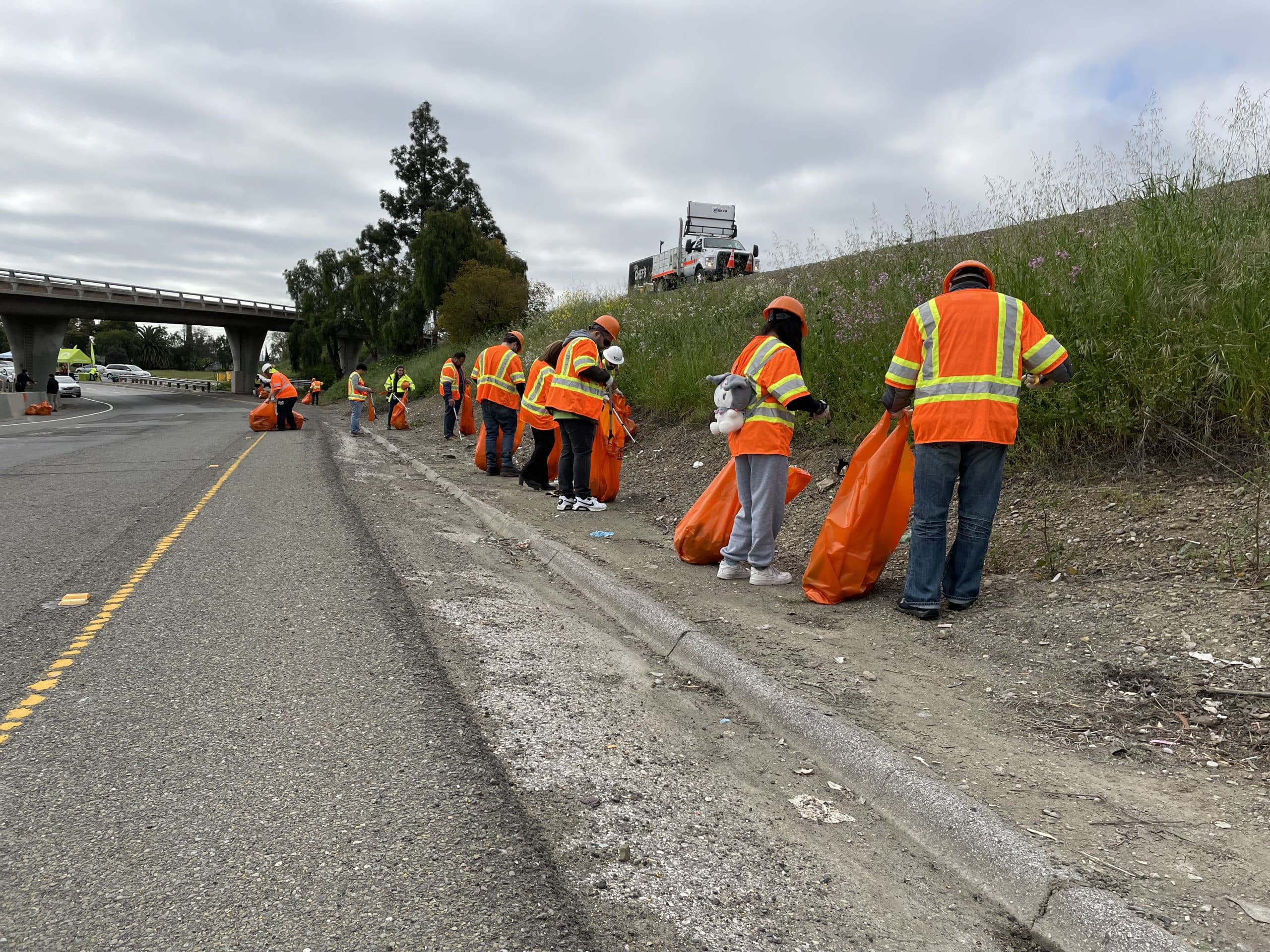 Line of volunteers in orange safety vests fill orange bags along a highway shoulder under an overpass on an overcast day
