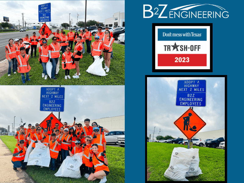 Blue collage: two group shots of a crowd in orange vests by an "Adopt a Highway Next 2 Miles B2Z Engineering Employees" sign, plus a Trash-Off 2023 badge