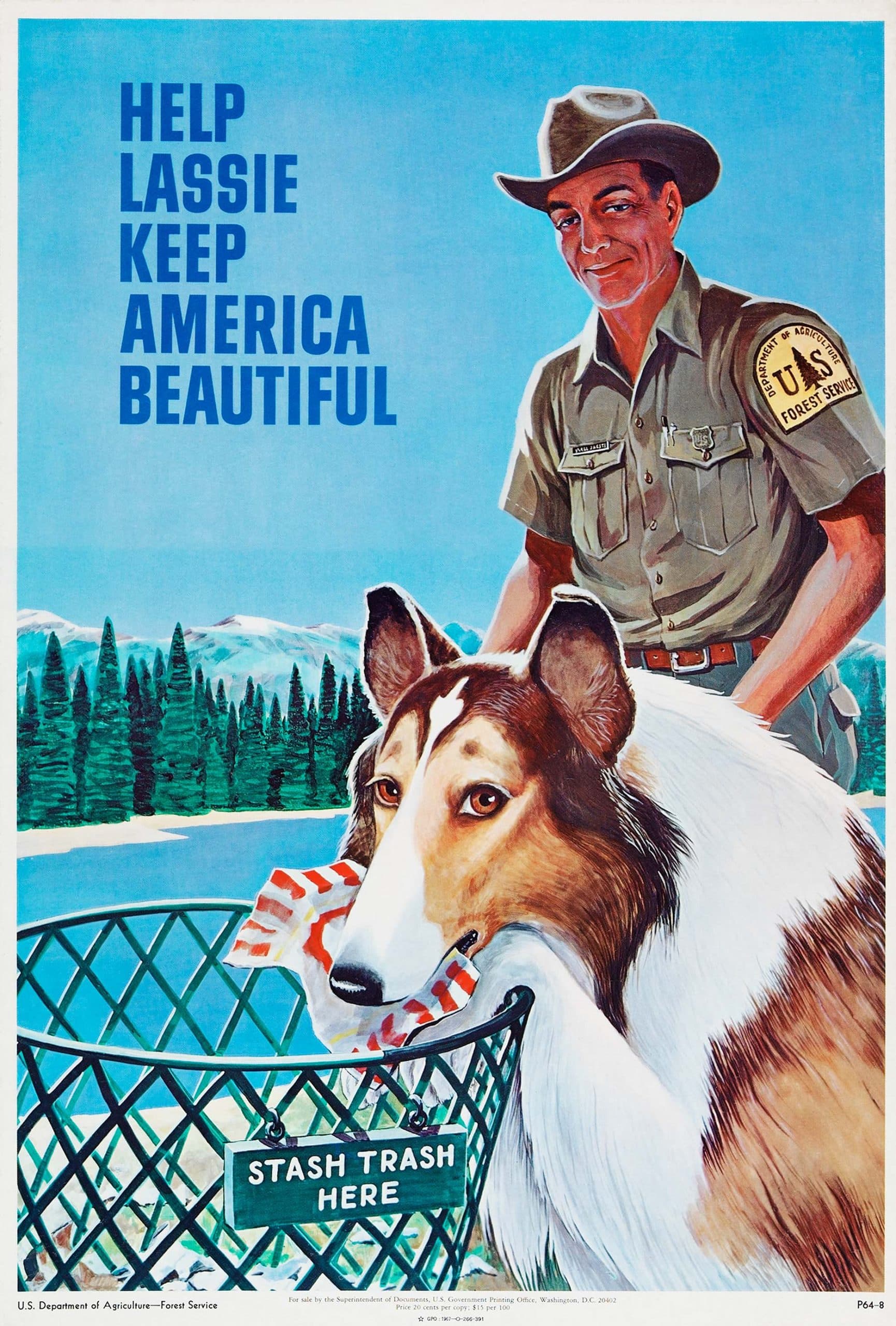 Vintage Forest Service poster: a collie drops a wrapper into a mesh bin marked "Stash Trash Here" as a ranger watches, headline "Help Lassie Keep America Beautiful"