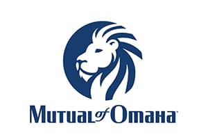 Stacked logo: a white lion's head in a navy circle above "Mutual of Omaha" in navy lettering