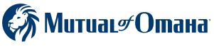 Horizontal navy logo with a stylised lion head at left followed by the wordmark "Mutual of Omaha"