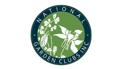 Round green and navy emblem with white flower illustrations, ringed by the words "National Garden Clubs Inc"