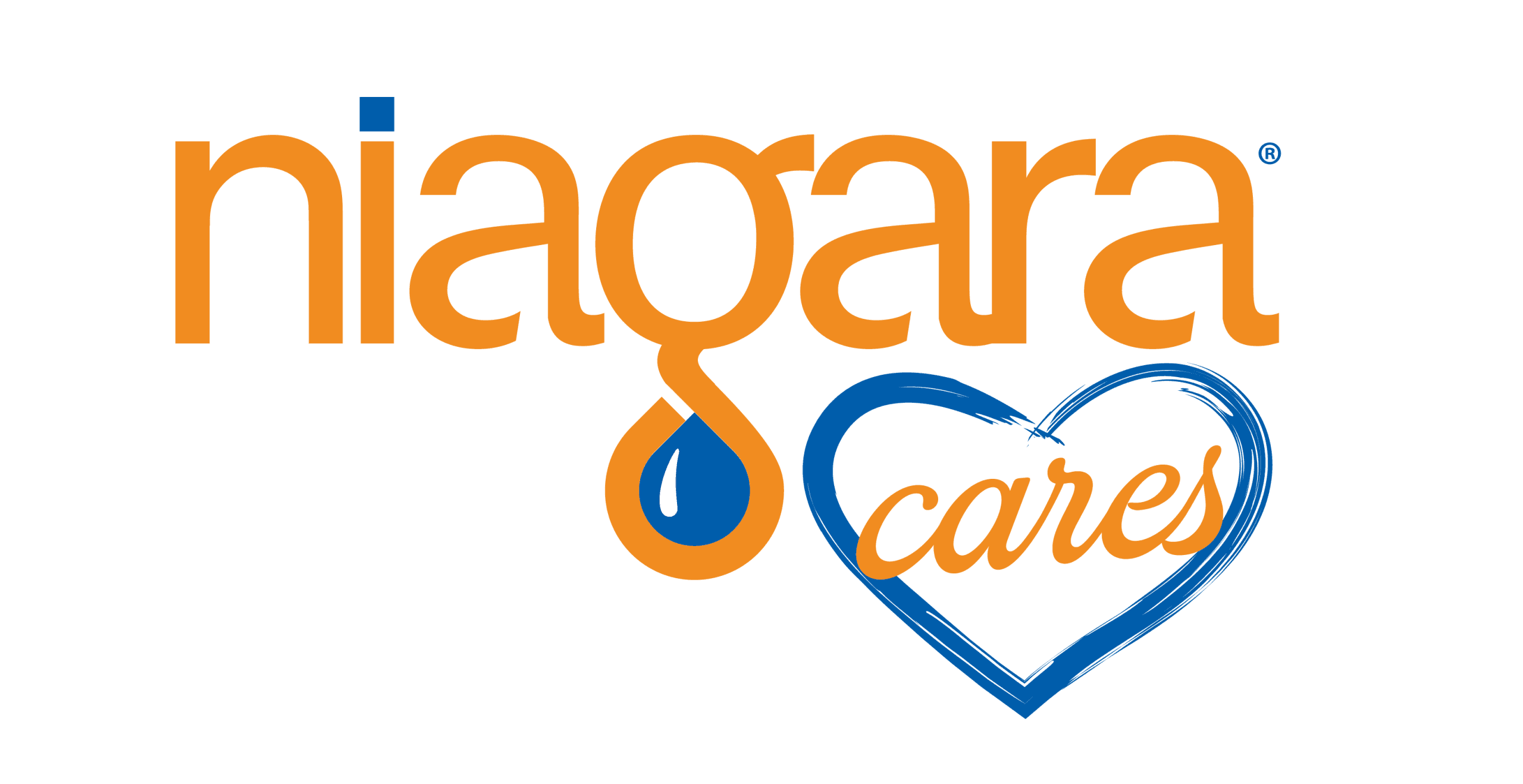Wide white banner carrying the Niagara Cares mark: orange lowercase "niagara" with a blue water droplet, and "cares" in script inside a blue brushed heart