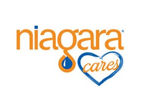 Compact Niagara Cares logo, the orange wordmark sitting close above a blue sketched heart enclosing the word "cares"