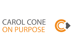 Logo on white: CAROL CONE in grey capitals above ON PURPOSE in orange, with an orange C-shaped mark enclosing a dark grey wedge at the right, the mark cropped close to the edge.