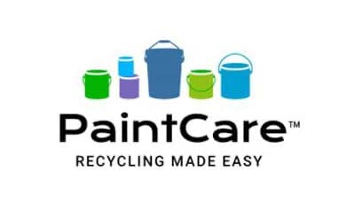 Logo: five stylised paint cans in green, blue, purple and teal above the wordmark PaintCare with the tagline RECYCLING MADE EASY beneath.