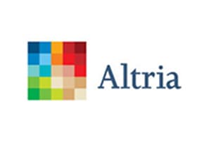 Corporate logo on a wide white field: a mosaic of small coloured squares in blue, orange, red and green to the left of the word Altria in navy serif type.
