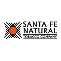 Square logo: a black sunburst of radiating angular spokes around an orange disc, beside the stacked words SANTA FE NATURAL TOBACCO COMPANY in black.