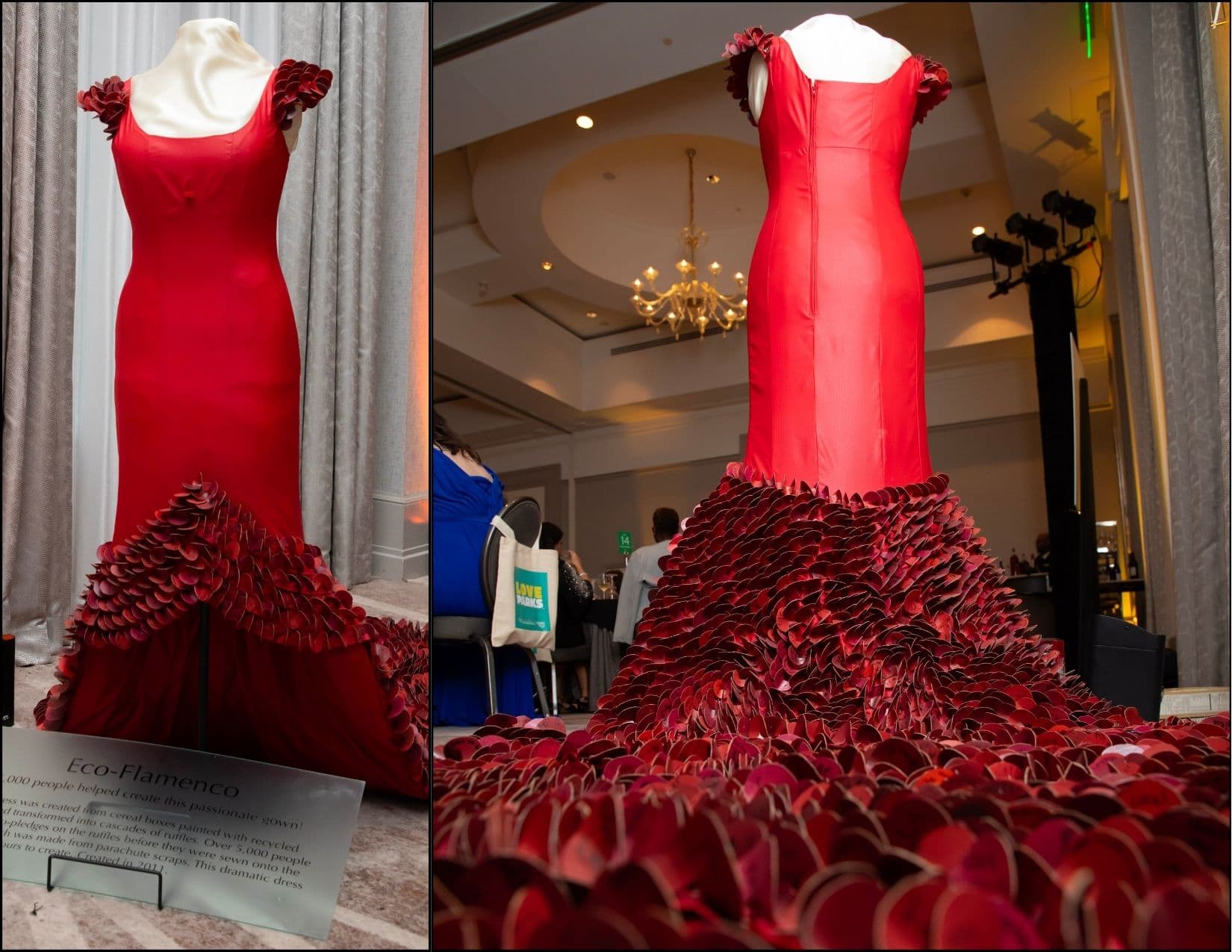 Two views of a red gown whose skirt erupts into cascading crimson scallops. The left panel includes a card headed Eco-Flamenco describing a dress made from cereal boxes painted with recycled materials.