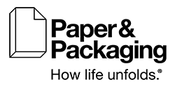 Black and white logo: a line drawing of a sheet of paper with a folded corner, beside the stacked words Paper & Packaging and the tagline How life unfolds.