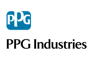 Logo on white: a blue square containing the letters PPG in white, above the words PPG Industries set in a black serif face.
