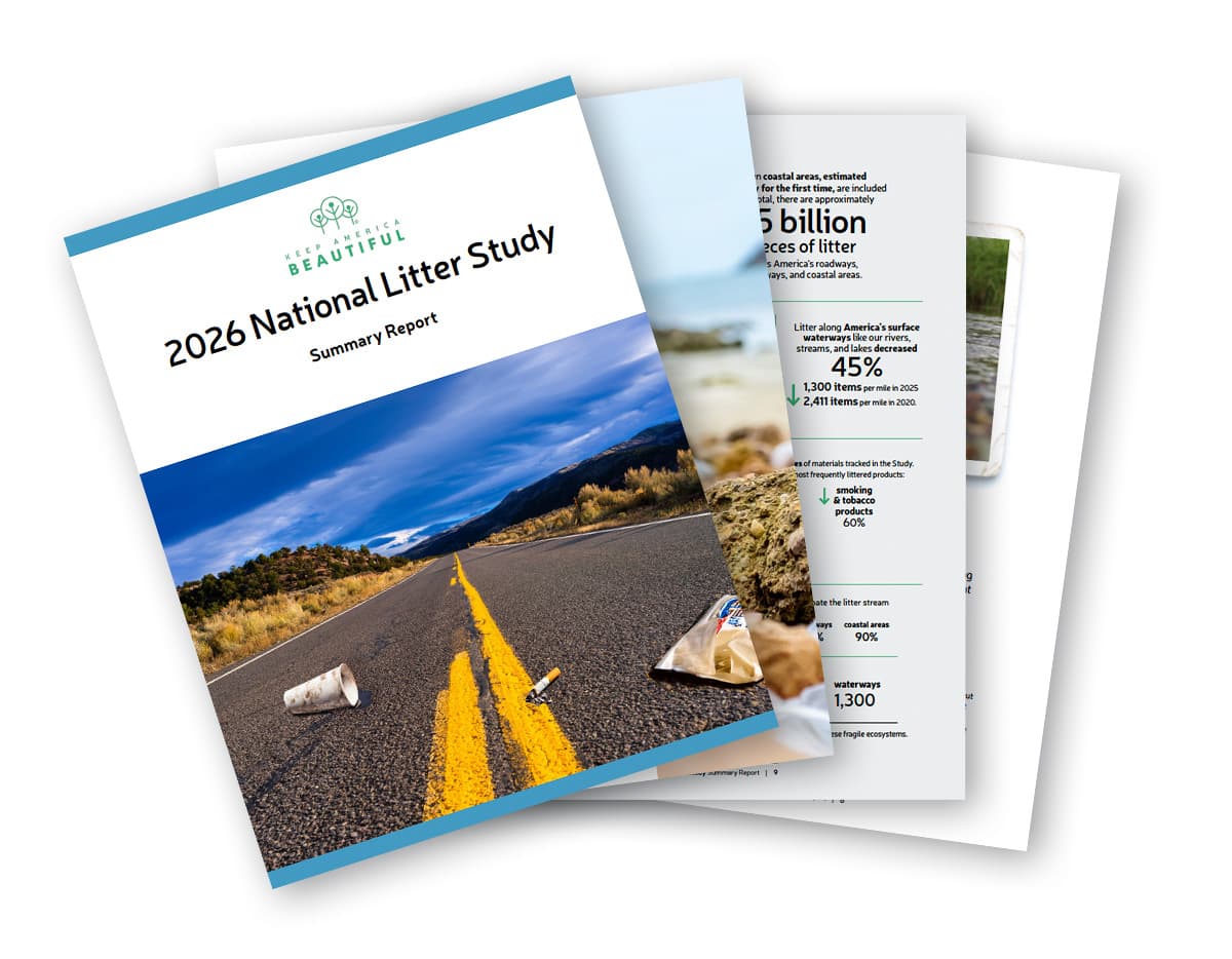 Three fanned printed pages. The cover reads 2026 National Litter Study, Summary Report under the Keep America Beautiful tree logo, over a photo of a cup, cigarette end and food wrapper on a desert highway; the inside pages show litter statistics.