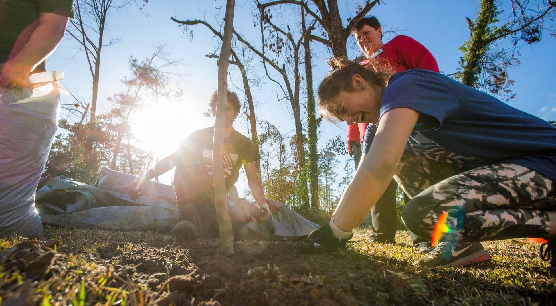 Low-angle shot into bright sun of three people kneeling in the dirt around the thin trunk of a newly planted tree, spreading a weed-barrier mat; a woman in a blue t-shirt and camouflage leggings leans in from the right.