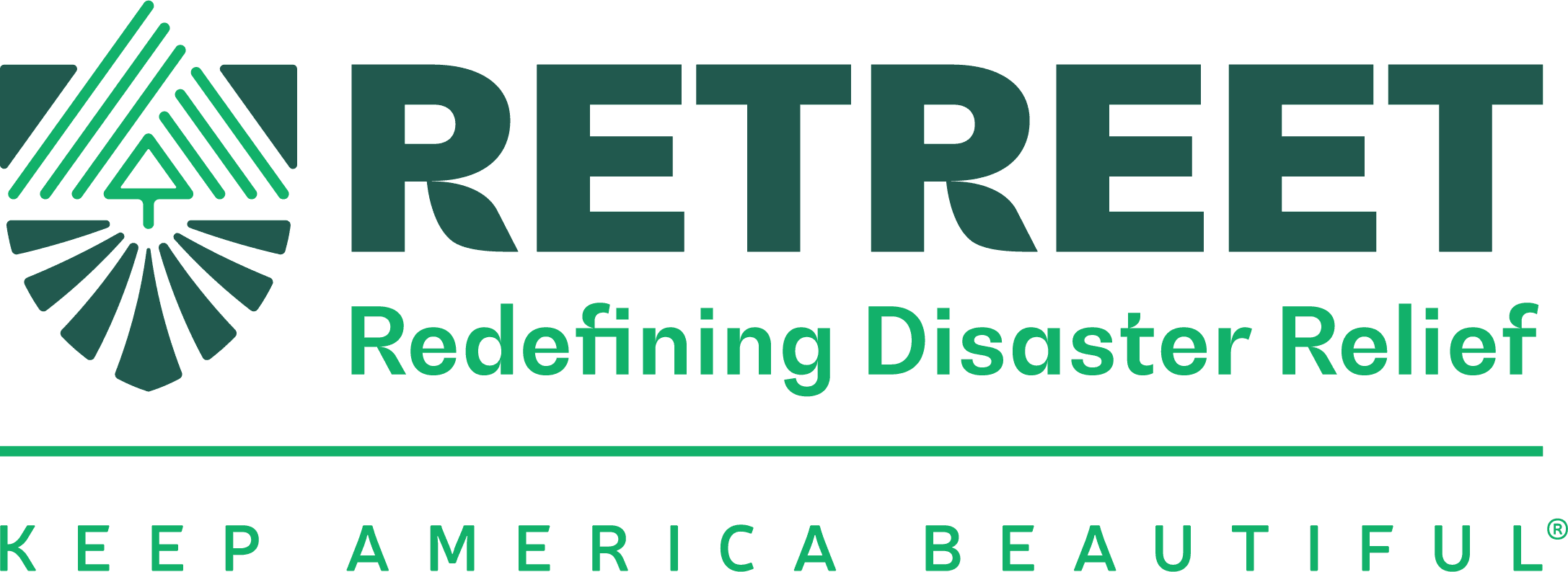 Green logo on white: a triangular tree emblem made of radiating lines beside the word RETREET, with the tagline Redefining Disaster Relief and, under a rule, KEEP AMERICA BEAUTIFUL.