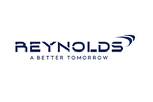 Small navy wordmark on white reading REYNOLDS with a swoosh device above the final letters and the line A BETTER TOMORROW beneath.