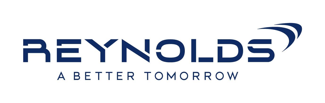 Wide navy-on-white logo: the word REYNOLDS in a squared geometric typeface with a curved double-swoosh at the upper right and A BETTER TOMORROW spaced out below.