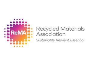 Logo on white: a circular burst of dots shading from purple through magenta to orange with ReMA in the middle, beside the words Recycled Materials Association and the italic line Sustainable. Resilient. Essential.
