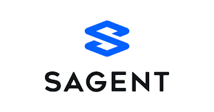 Flat logo on white: a bright blue angular S-shaped mark built from two offset parallelogram blocks, above the word SAGENT in black capitals.