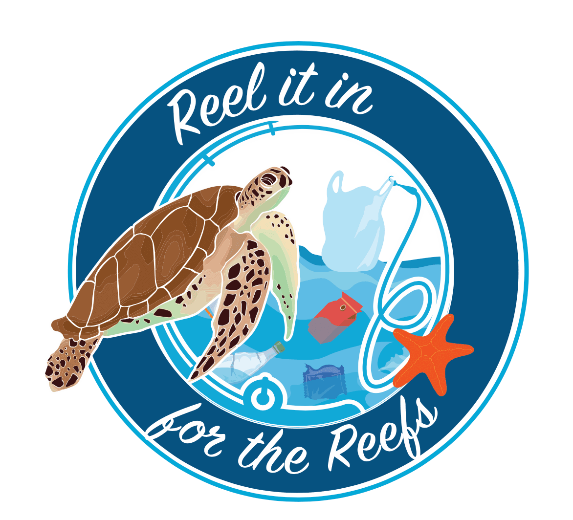 Circular badge illustration of a sea turtle swimming through water strewn with a plastic bag, bottle, can, wrapper, fishing line and an orange starfish; curved script reads Reel it in above and for the Reefs below.