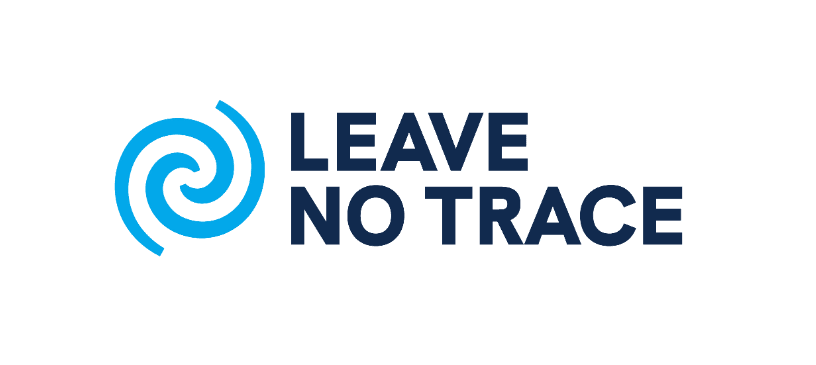 Logo on white: a light blue spiral formed from a curling line, next to the stacked navy capitals LEAVE NO TRACE.
